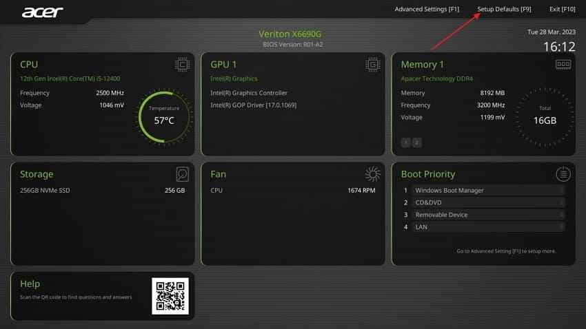 acer bios load defaults shortcut