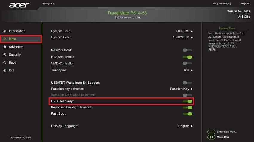 d2d recovery enabled in acer bios main tab