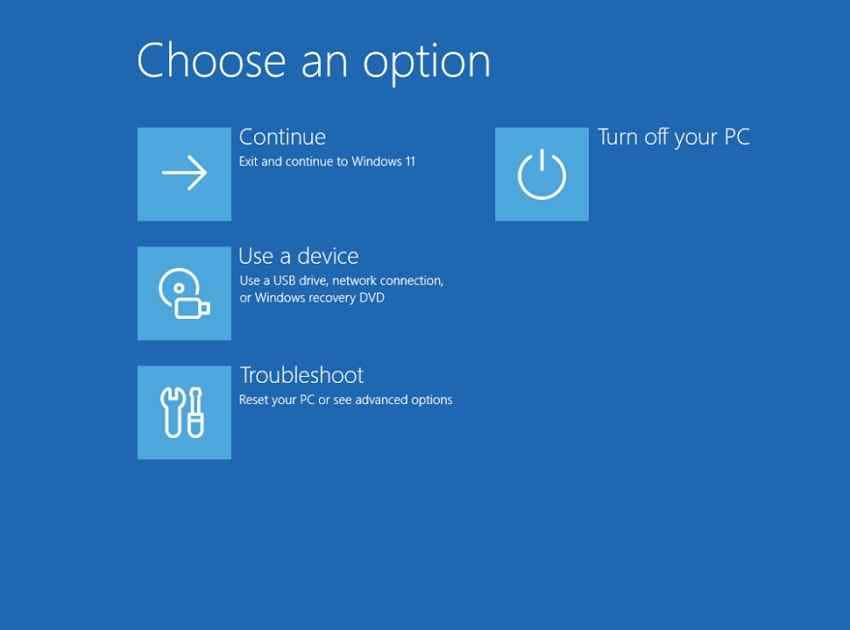 windows recovery choose an option screen