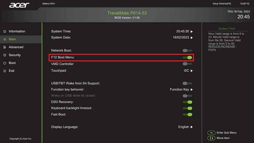 f12 boot menu enabled in acer bios