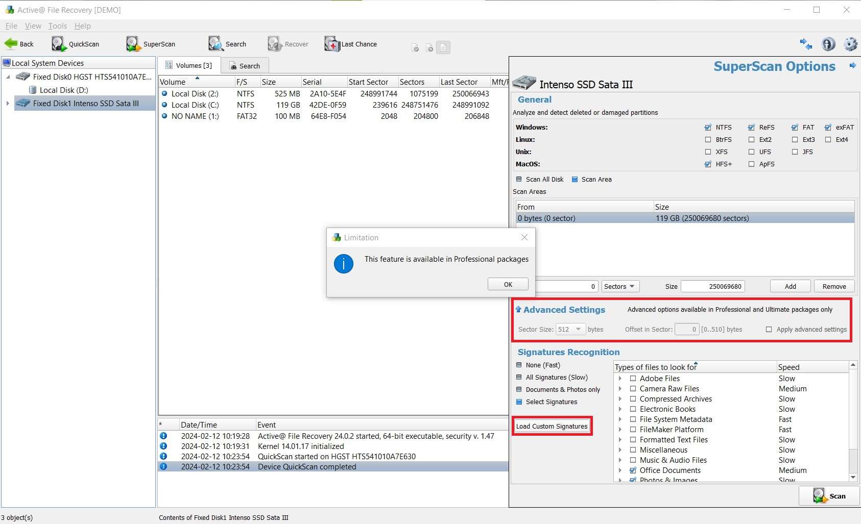customize advanced settings in active file recovery 