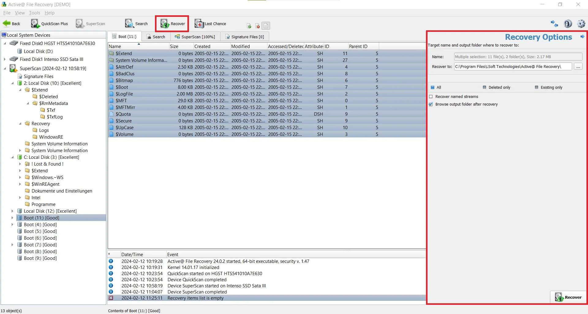 open recovery options in active file recovery 