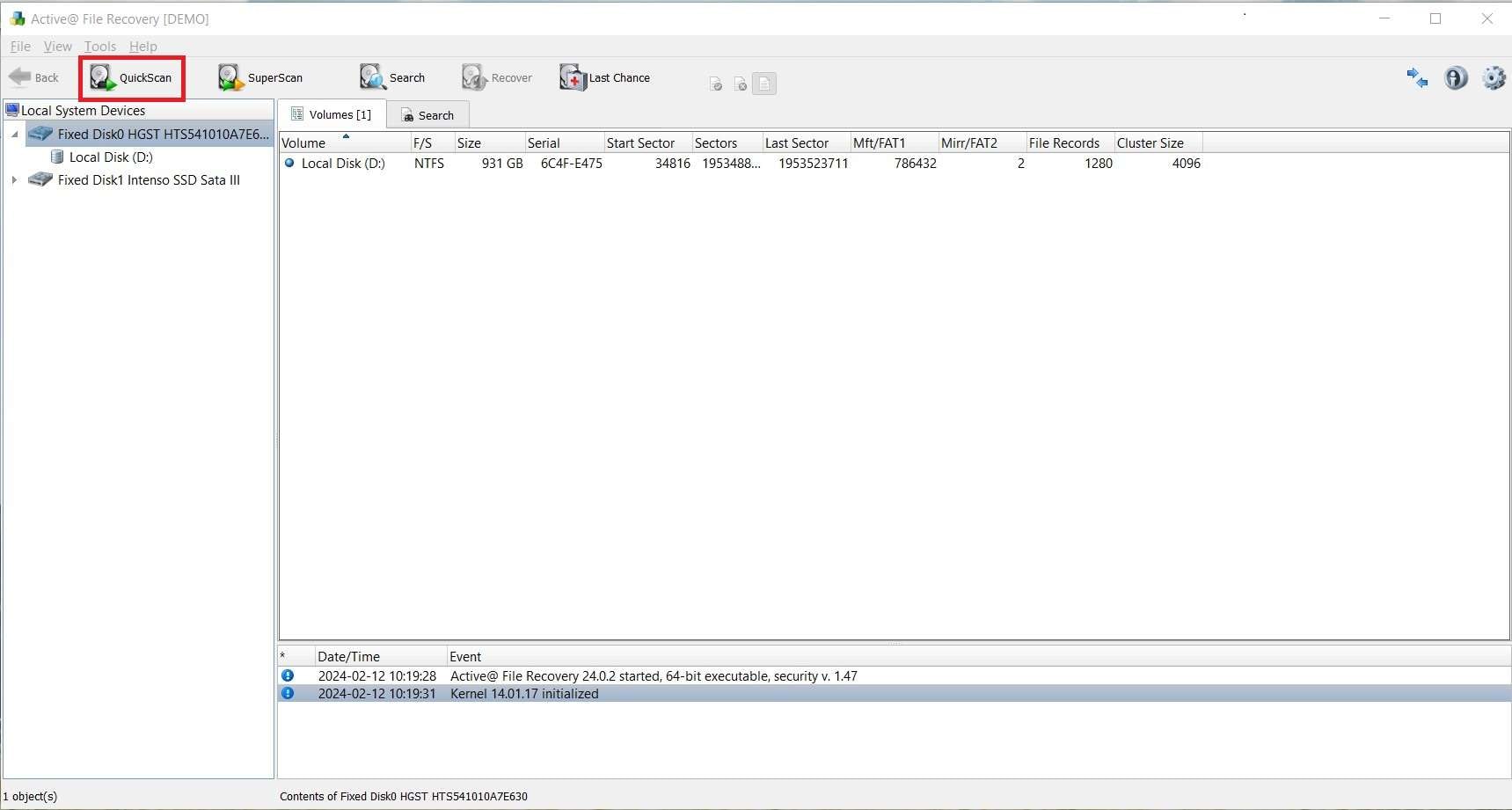 lancer une analyse rapide dans Active File Recovery 