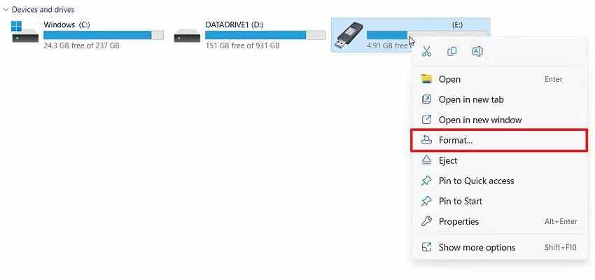 open usb format menu windows