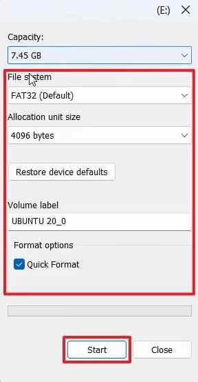windows format dialog showing fat32 as an example