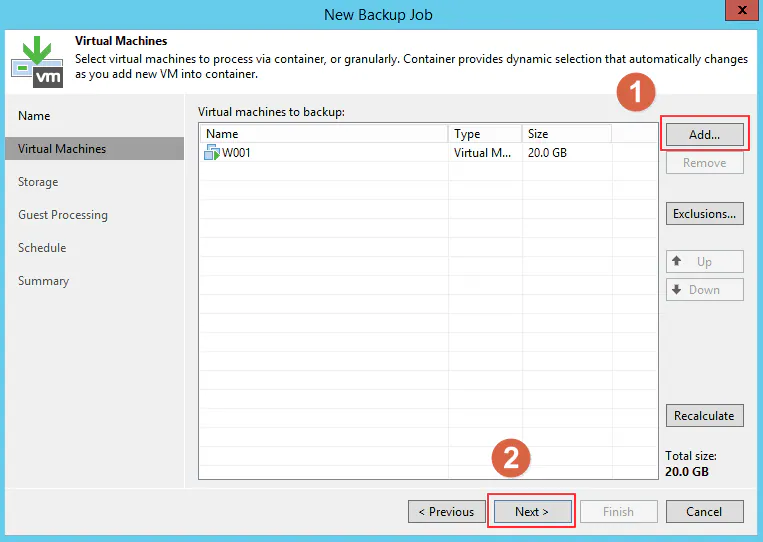 aggiungi la vm al backup