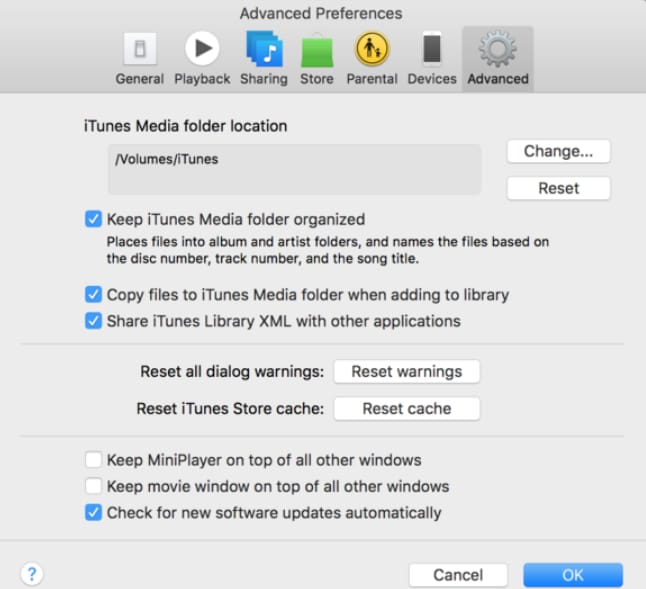 advanced preferences in itunes