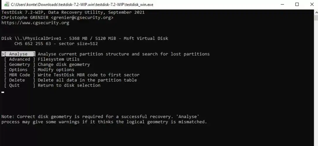 analyse option in the testdisk