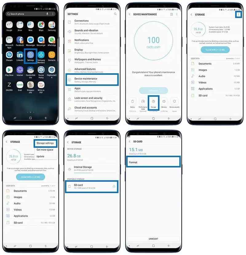 samsung galaxy steps to format a microsd card through device care