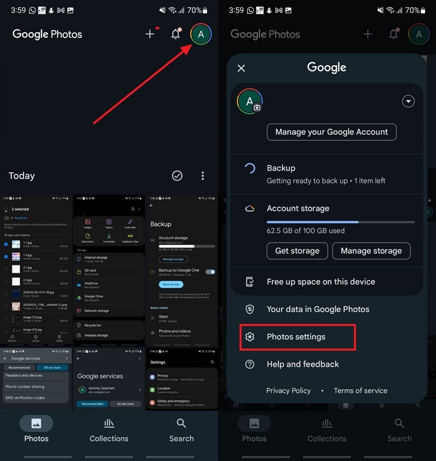 navigate to google photos settings
