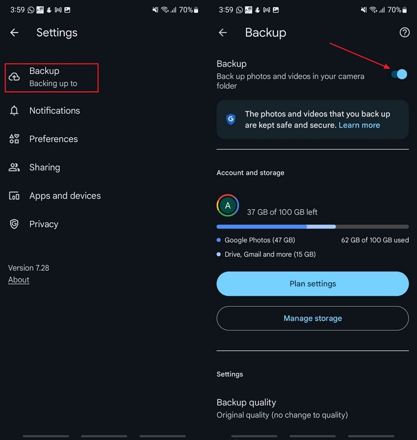 turn on backup for media files