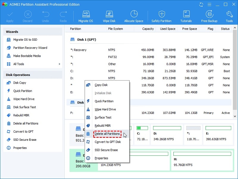clean drives using aomei partition manager