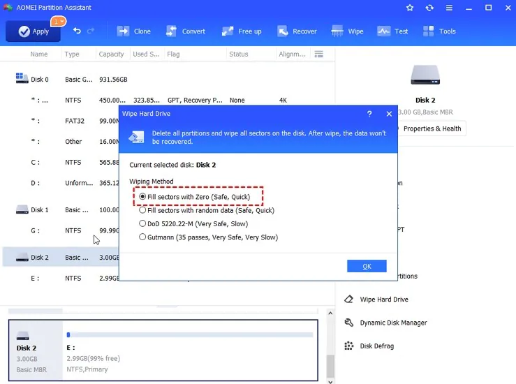 aomei partition assistant disk erase