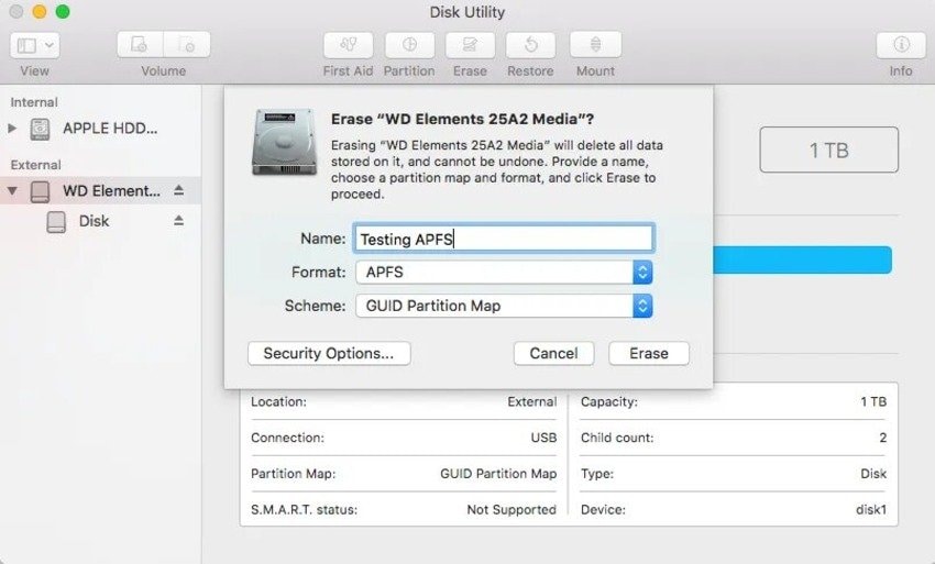 set apfs format for external hard drive