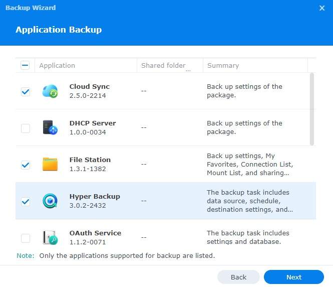 sélectionner sauvegarde d’applications dans hyper backup 