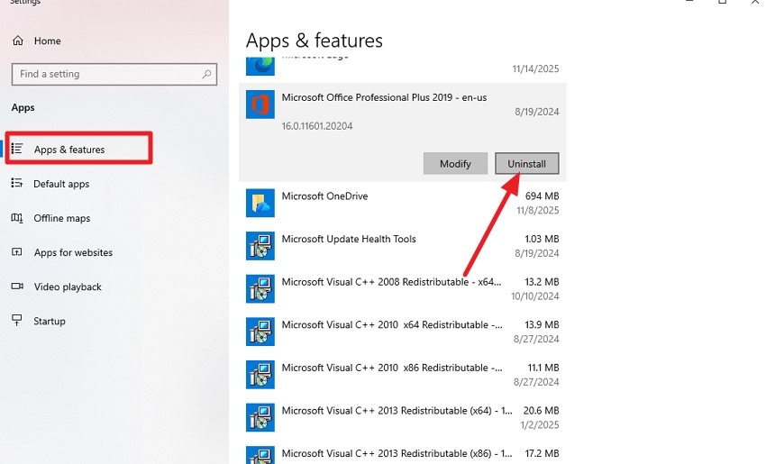 access apps click uninstall
