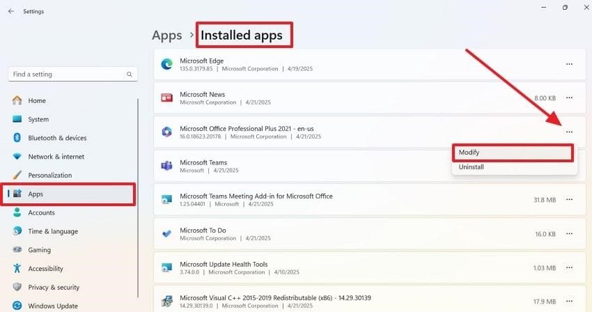 access app press modify