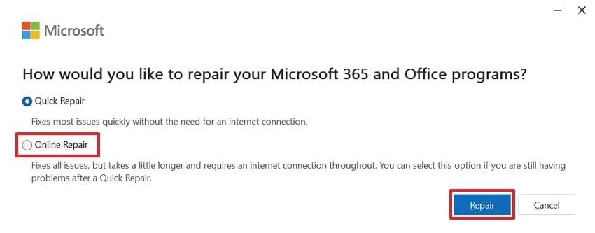 select repair option