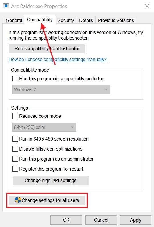 open compatibility tab