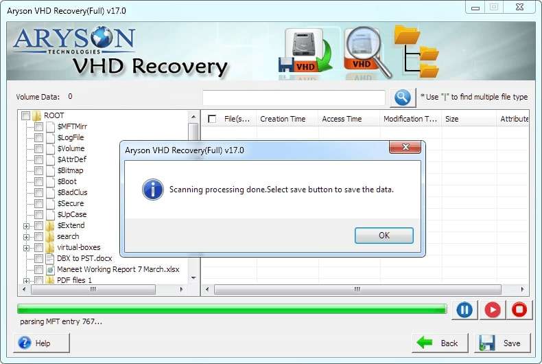 aryson vhd recovery scanning process