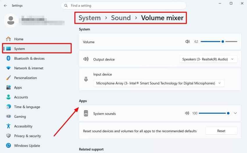 check volume mixer settings