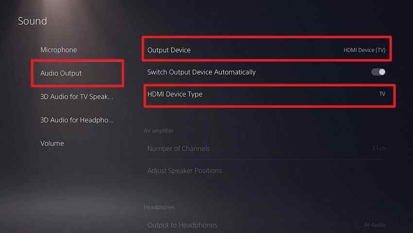 select ps5 hdmi audio output