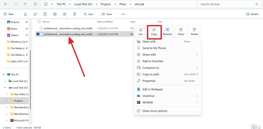 copy bak autocad file