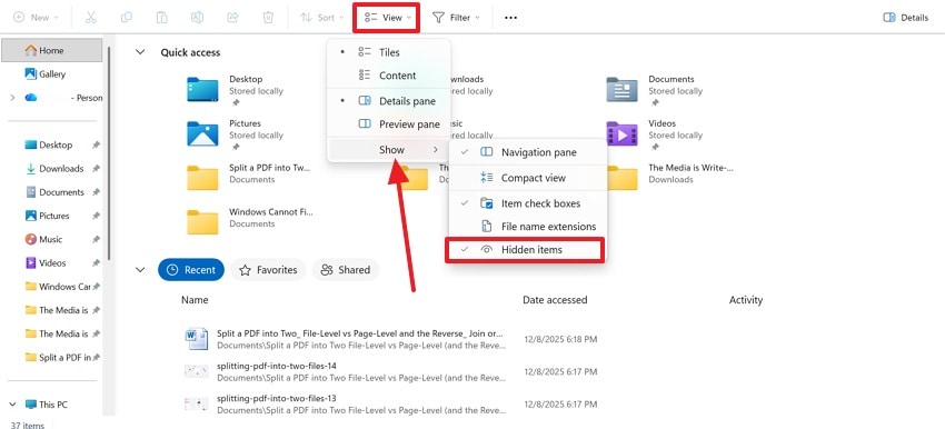 show hidden items from view menu