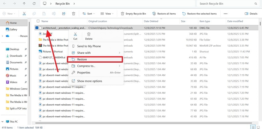restore autocad file from recycle bin
