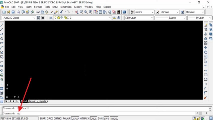 type op in command field
