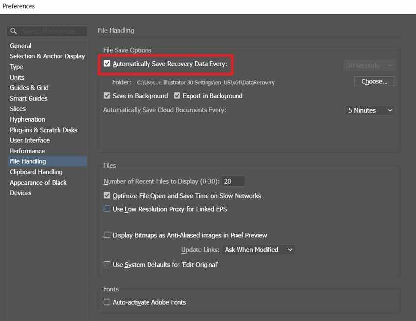 enable automatic recovery data saving