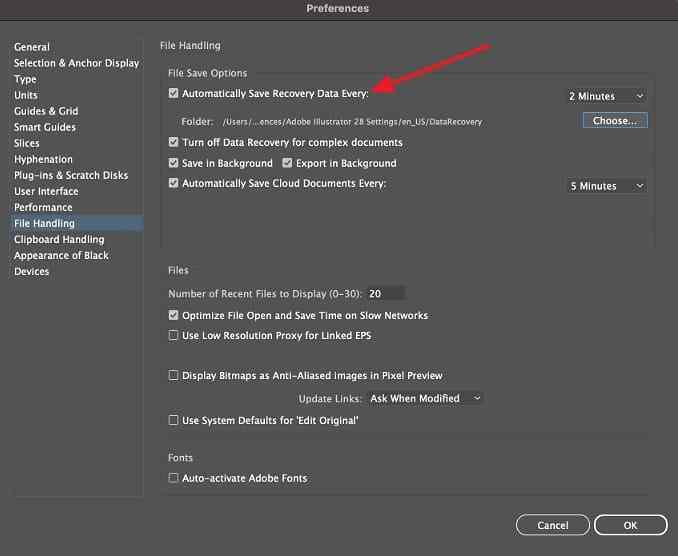 mac illustrator recovery settings panel