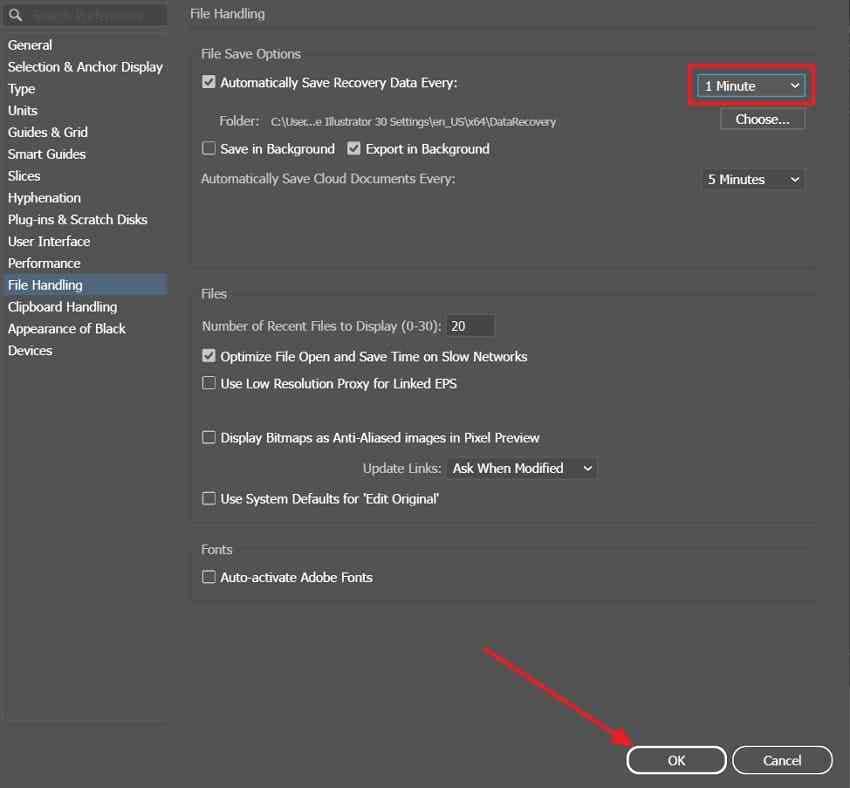 choose illustrator auto recovery interval