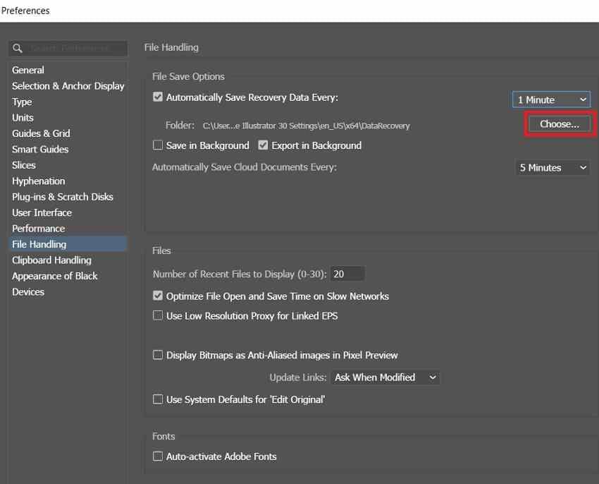change illustrator recovery folder location
