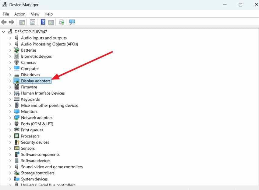 windows device manager showing display adapters category