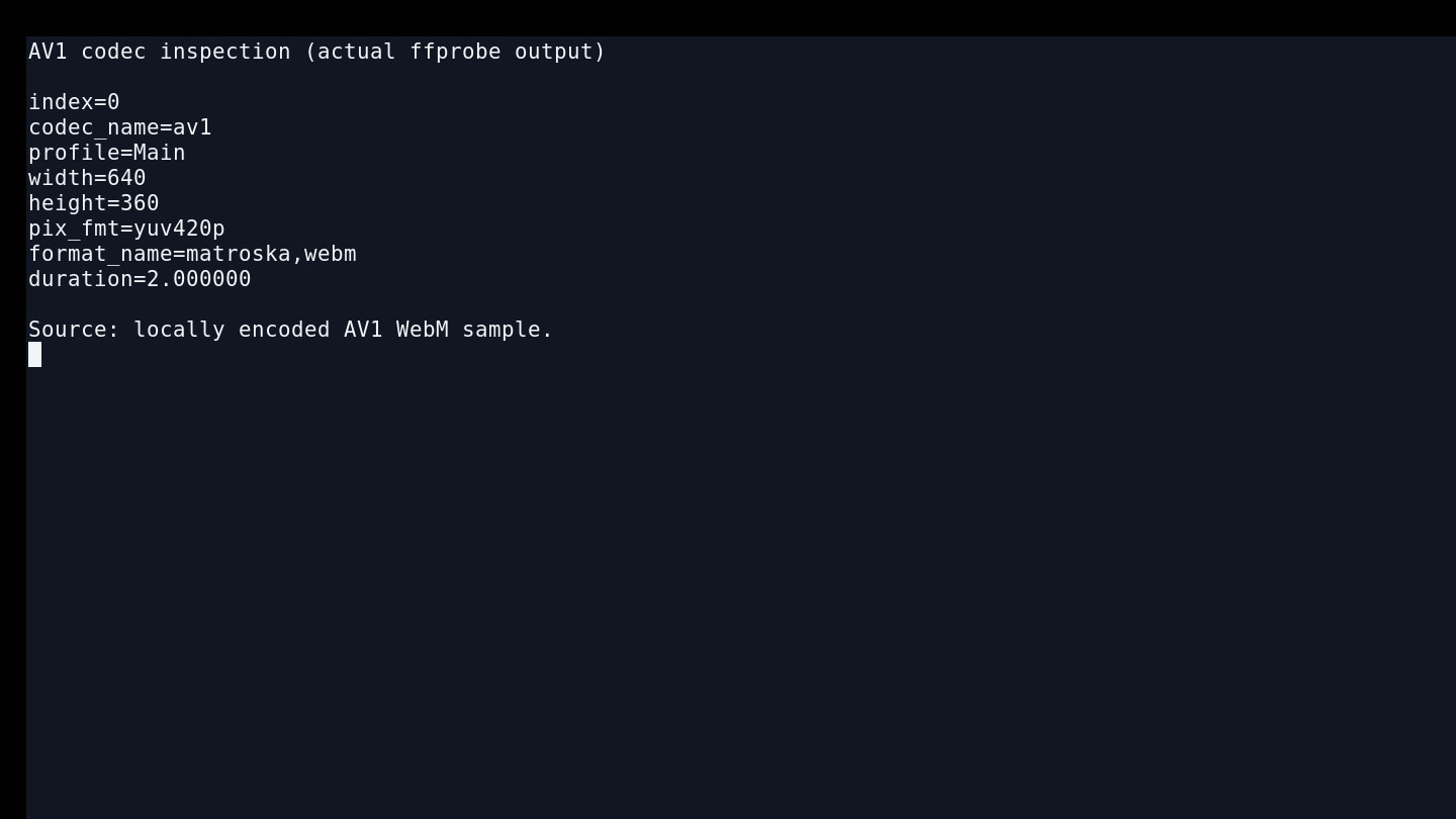 ffprobe command line showing av1 codec stream information