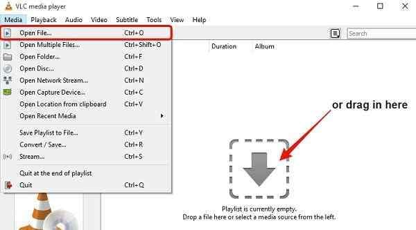 vlc media player media menu with open file option