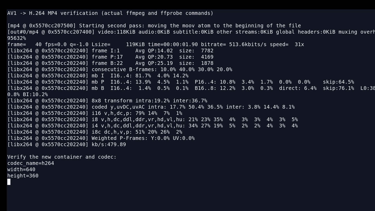 ffmpeg command line showing av1 to h264 conversion