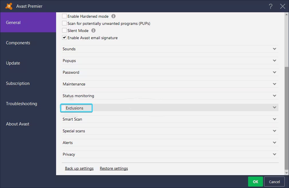 add exclusions to avast
