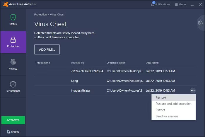 restore files from avast virus chest