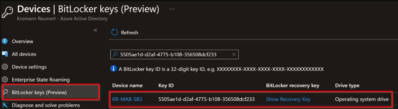 bitlocker recovery key in azure ad