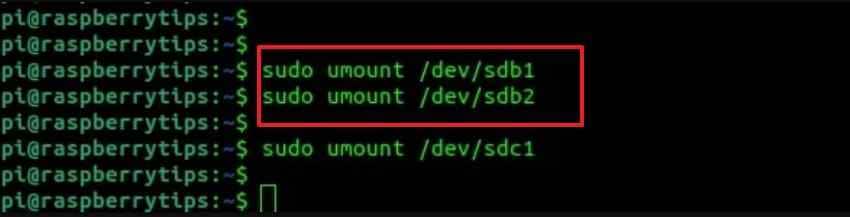 unmount raspberry pi sd partitions