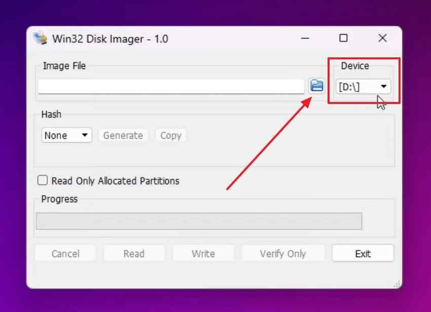 choose device in win32 disk imager
