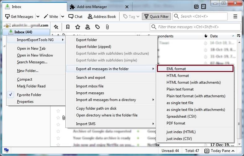 exportez les emails de thunderbird en eml