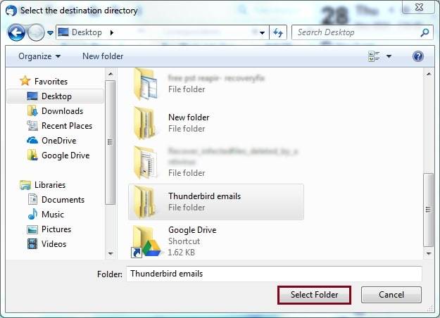 escolha o destino de backup para thunderbird