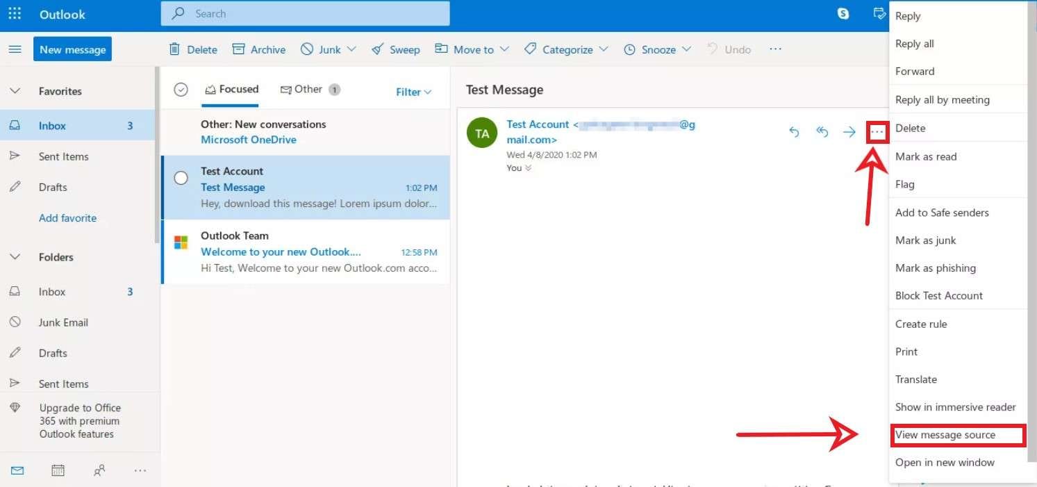 view message source in outlook