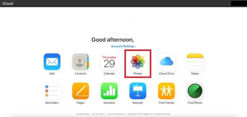 go to icloud main screen