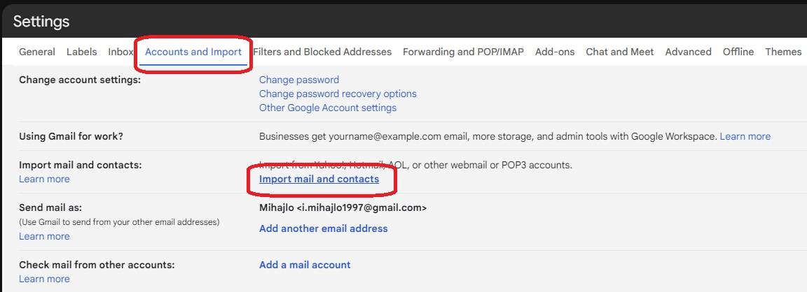 go to import mail and contacts