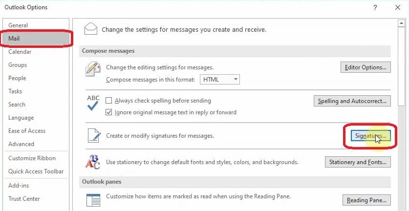 create outlook backup signatures