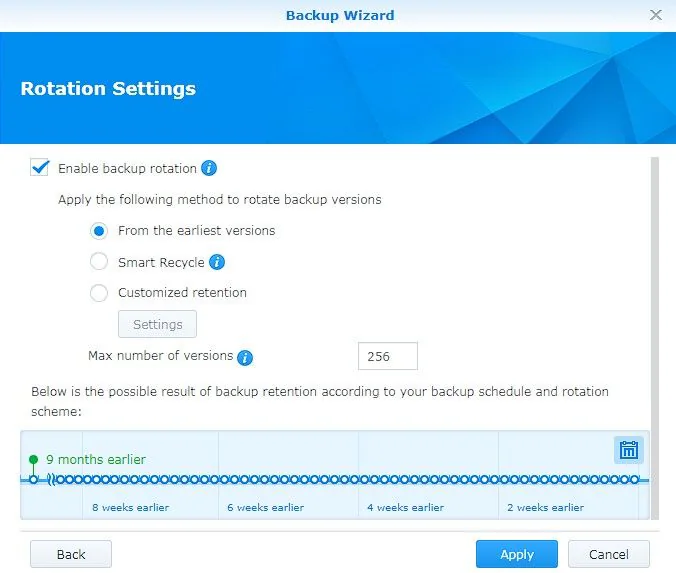 configurações de rotação no hiper backup